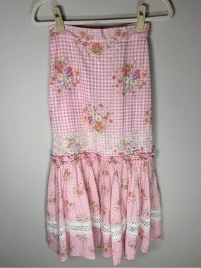 LoveShackFancy Arla Midi Skirt Pink Gingham Floral Lace Seersucker XS